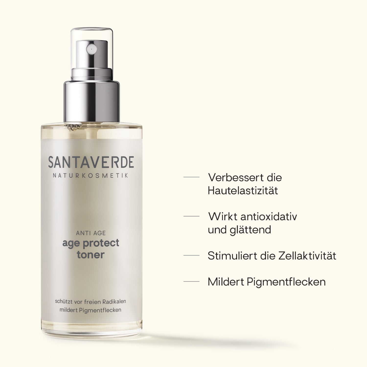 Santaverde Age Protect Toner – Naturkosmetik Gesichtstoner mit Aloe Vera, Produktdarstellung mit USPs und Anwendungsvorteilen auf hellem Hintergrund