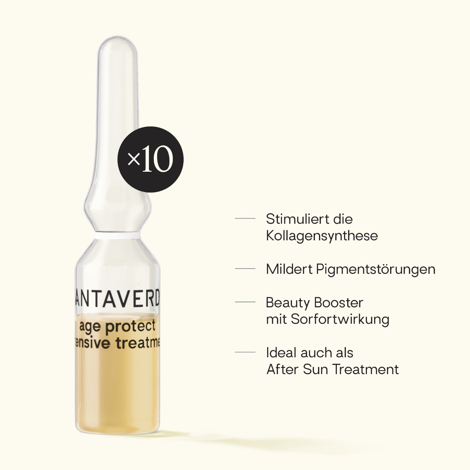 Santaverde Age Protect Intensive Treatment – Naturkosmetik-Ampullenkur mit Aloe Vera, Hyaluron und Antioxidantien, Produktdarstellung mit Wirkversprechen auf hellem Hintergrund