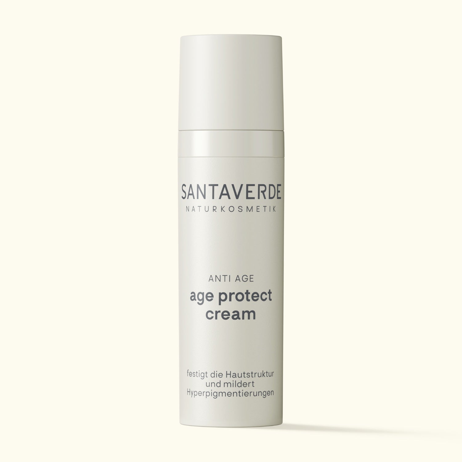 Santaverde Age Protect Cream – Anti-Aging Naturkosmetik Gesichtscreme mit Aloe Vera, Hyaluron und Antioxidantien in 30 ml Airless-Spender auf hellem Hintergrund