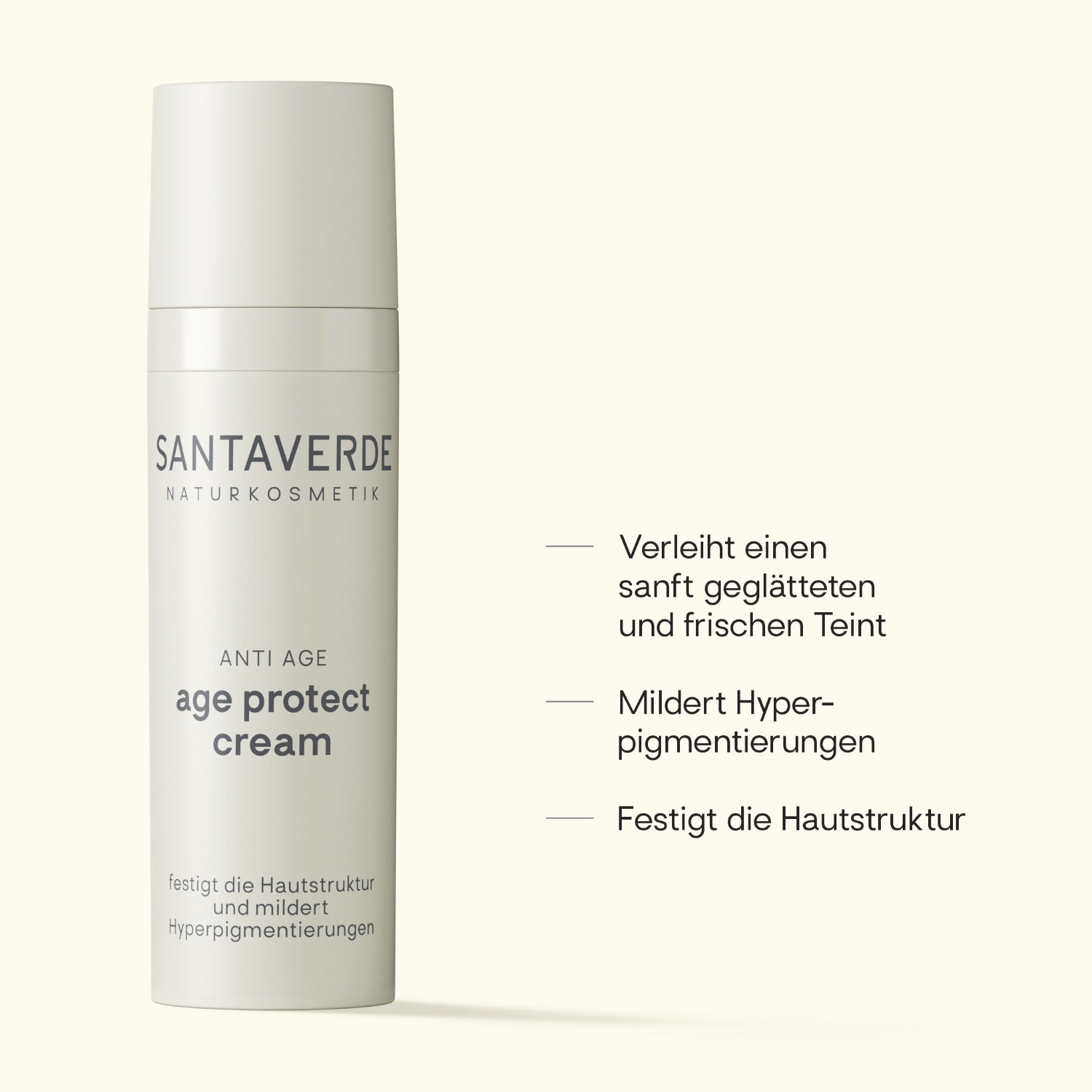 Santaverde Age Protect Cream – Naturkosmetik Gesichtscreme zur Milderung von Pigmentflecken, Produktdarstellung mit USPs und Anwendungsvorteilen auf hellem Hintergrund