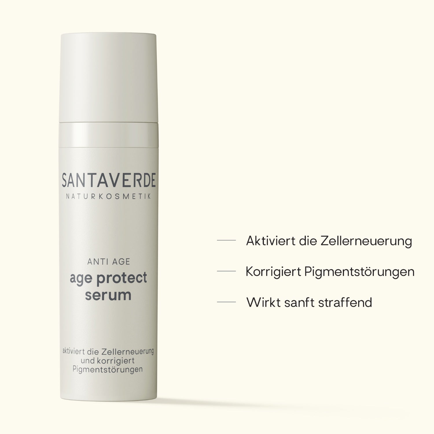 Santaverde Age Protect Serum – Aloe Vera Naturkosmetik Serum für reife Haut, mit pflanzlichen Wirkstoffen und antioxidativem Schutz, inklusive sichtbarer Produktvorteile.
