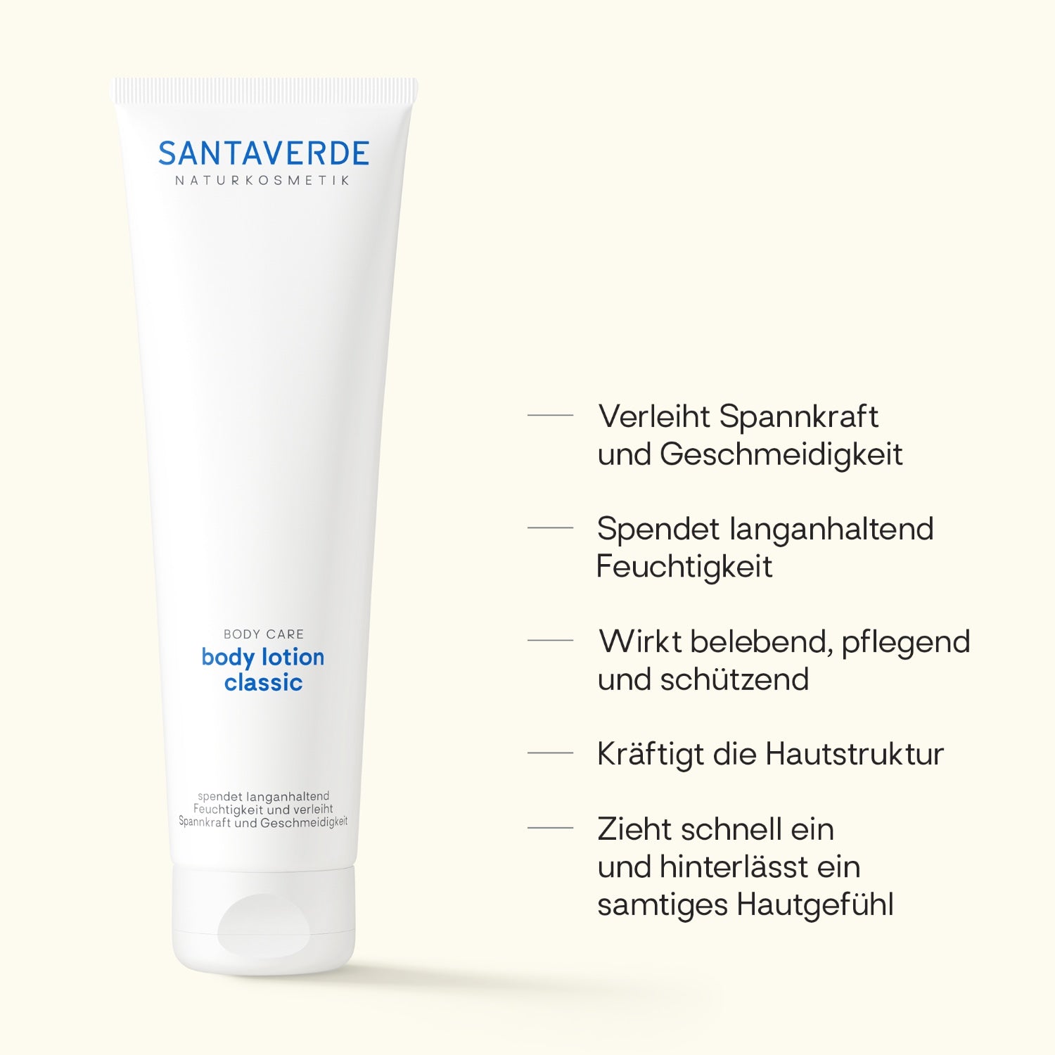 Santaverde Body Lotion Classic – Naturkosmetik Körperlotion mit Aloe Vera, Produktdarstellung mit USPs und Anwendungsvorteilen auf hellem Hintergrund