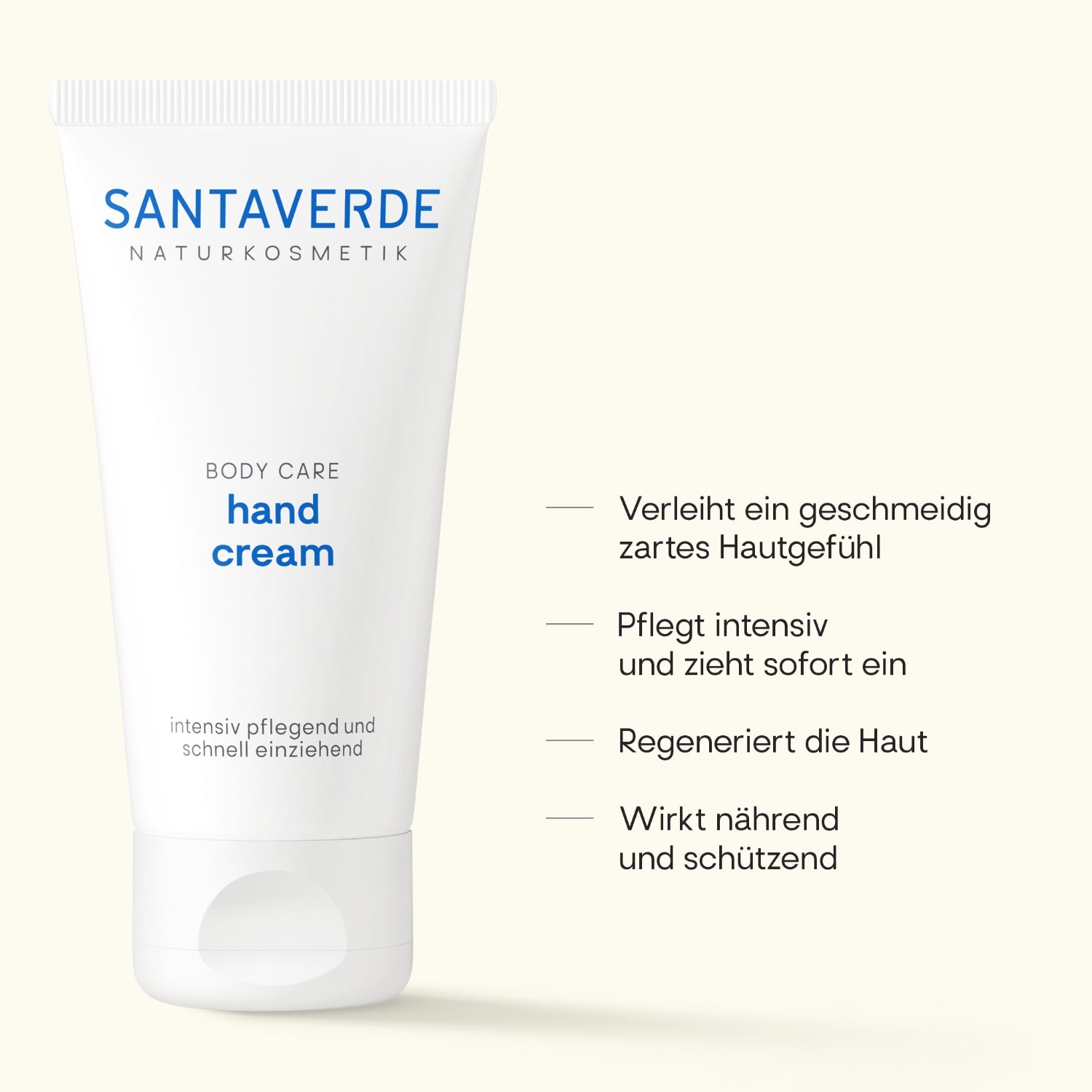 Santaverde Hand Cream 50 ml – ohne Duftstoffe für sensible Haut, Produktdarstellung mit USPs und Anwendungsvorteilen auf hellem Hintergrund