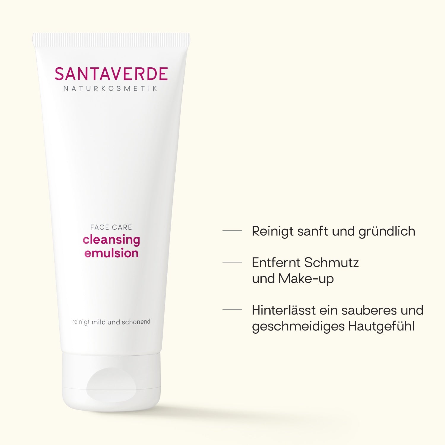 Santaverde Cleansing Emulsion 100 ml – ohne Duftstoffe für sensible Haut, Produktdarstellung mit USPs und Anwendungsvorteilen auf hellem Hintergrund