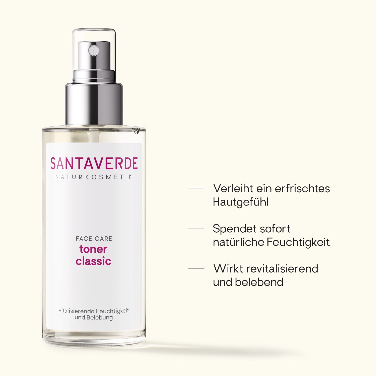 Santaverde Toner Classic 100ml – Naturkosmetik Gesichtstoner mit Aloe Vera, Produktdarstellung mit USPs und Anwendungsvorteilen auf hellem Hintergrund