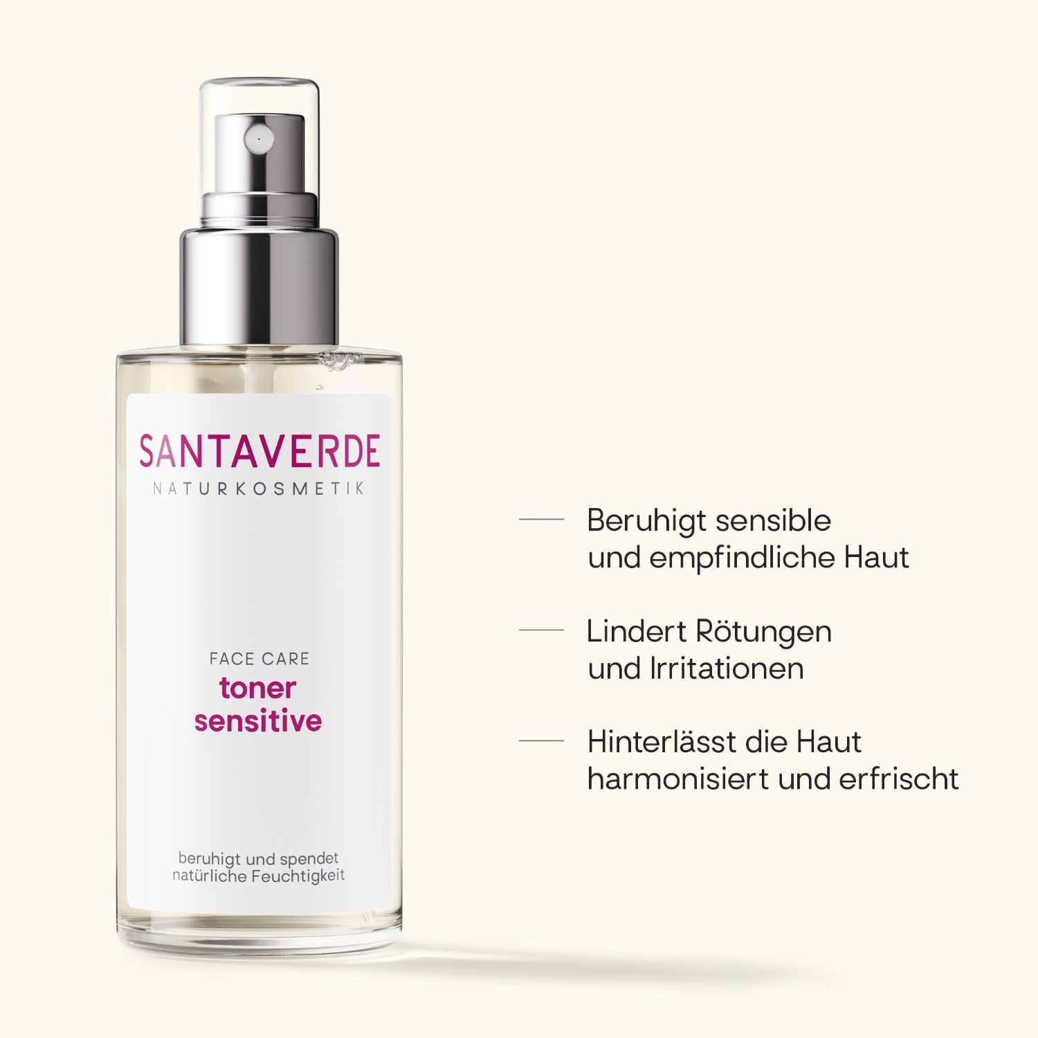 Santaverde Toner Sensitive – Naturkosmetik Gesichtstoner mit Aloe Vera, Produktdarstellung mit USPs und Anwendungsvorteilen auf hellem Hintergrund
