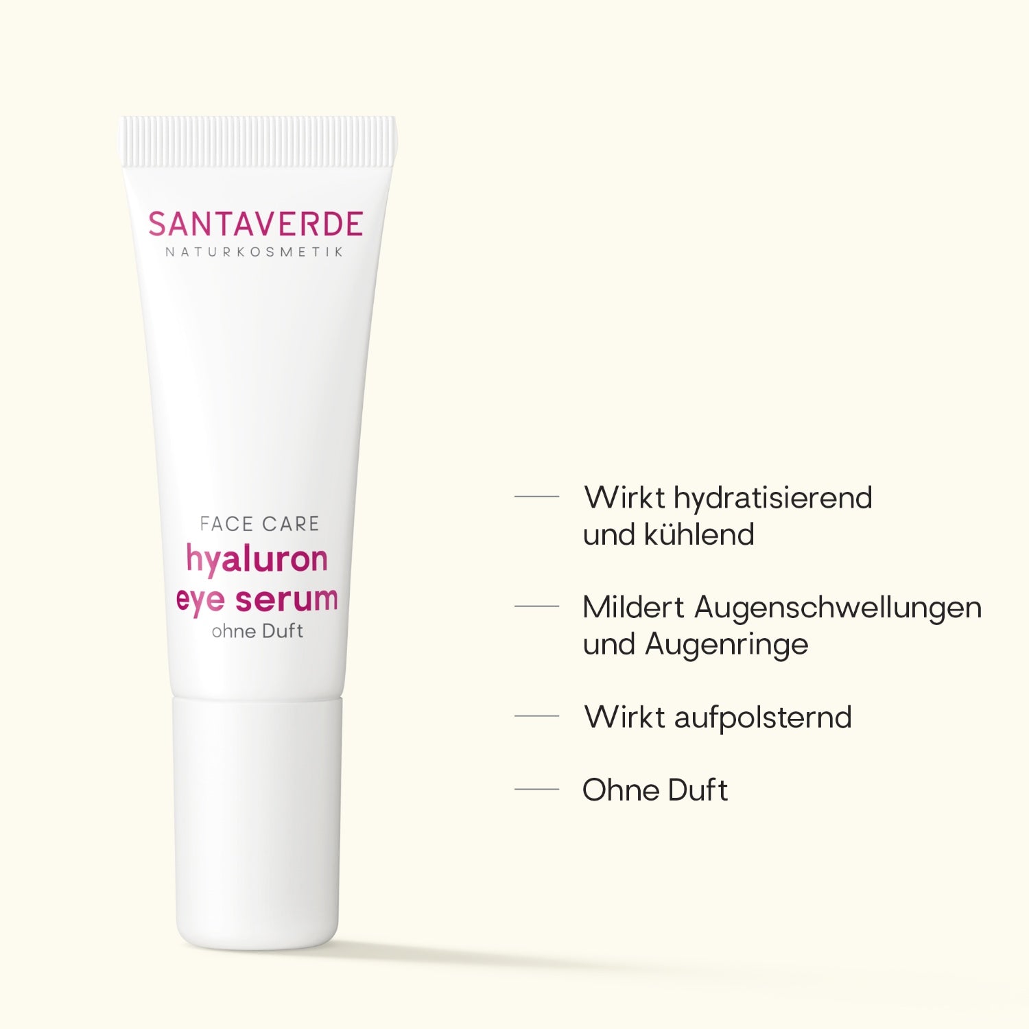 Santaverde Hyaluron Eye Serum 10 ml - Naturkosmetik Augencreme mit Aloe Vera und Hyaluron, Produktdarstellung mit USPs und Anwendungsvorteilen auf hellem Hintergrund