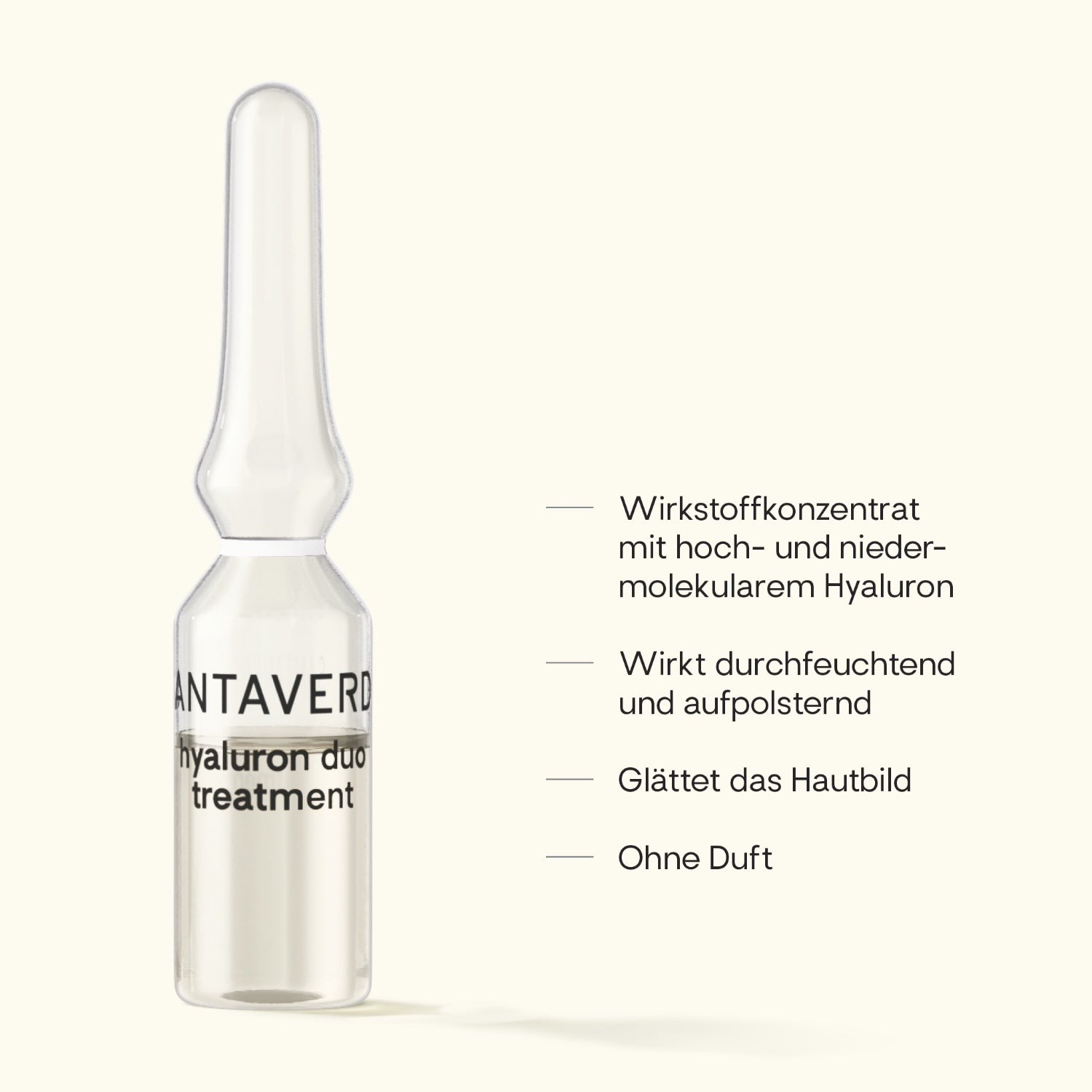 Santaverde Einzelampulle hyaluron duo treatment – Naturkosmetik 1er Ampulle mit Hyaluron, Produktdarstellung mit USPs und Anwendungsvorteilen auf hellem Hintergrund