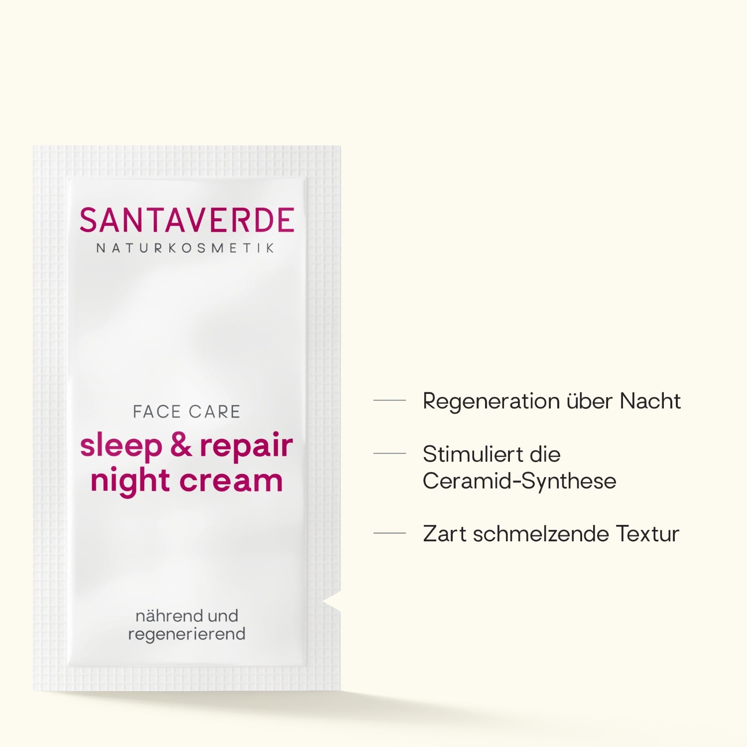 Santaverde Sleep & Repair Night Cream – 1 ml Sachet der parfumfreien Naturkosmetik-Nachtpflege mit Wirkversprechen und USPs