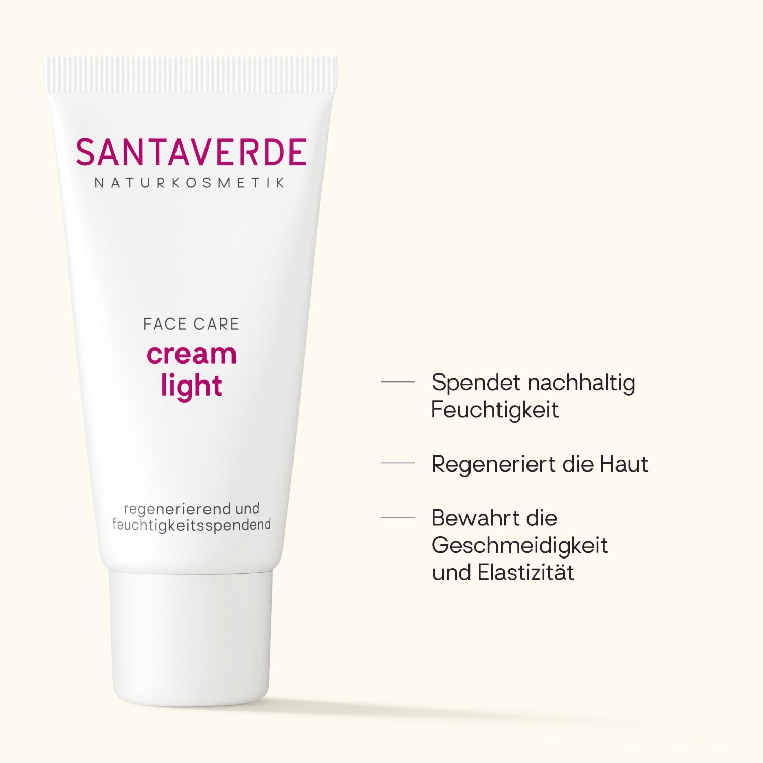 Santaverde Cream Light – Naturkosmetik Gesichtscreme mit Aloe Vera, Produktdarstellung mit USPs und Anwendungsvorteilen auf hellem Hintergrund