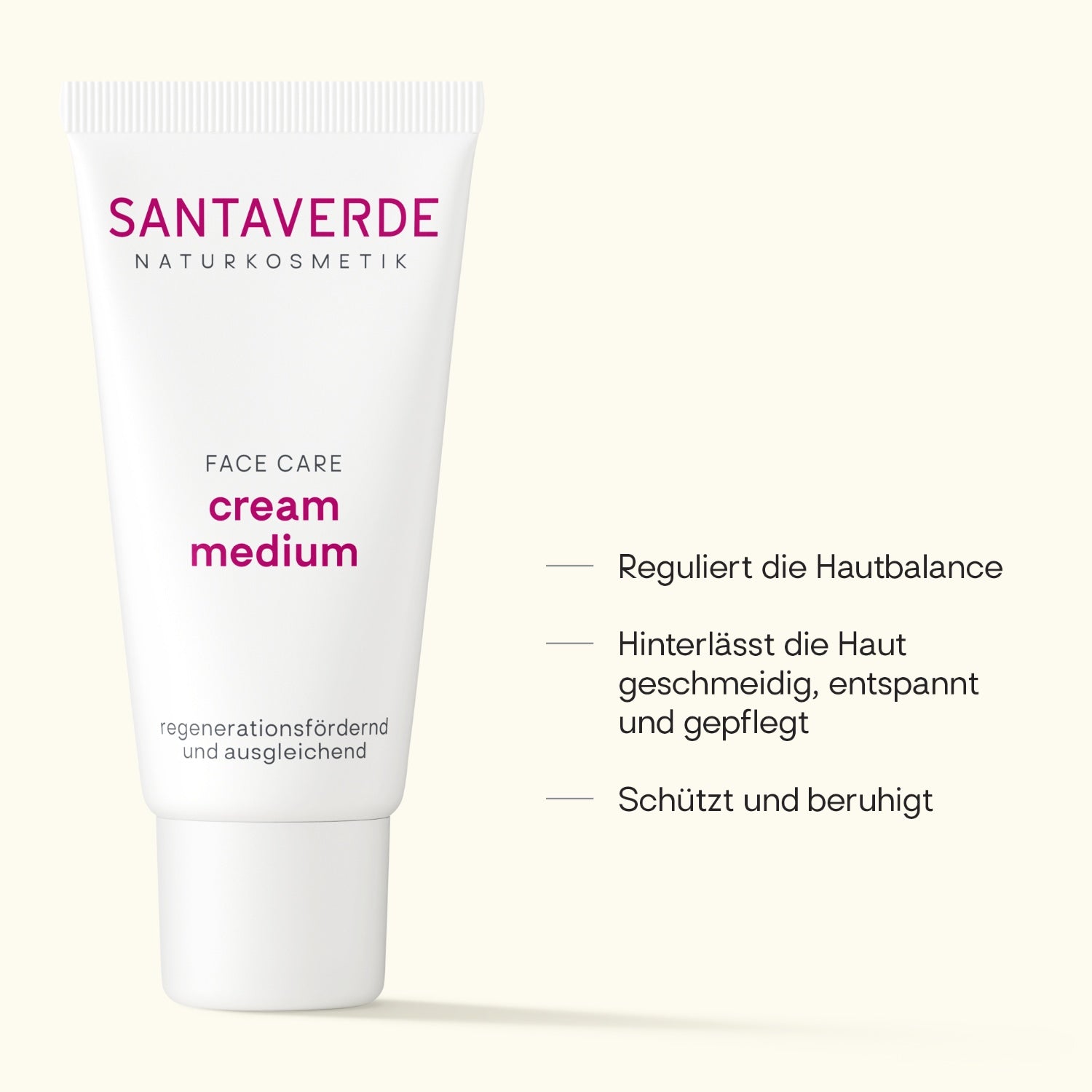 Santaverde Cream Medium – Naturkosmetik Gesichtscreme mit Aloe Vera, Produktdarstellung mit USPs und Anwendungsvorteilen auf hellem Hintergrund
