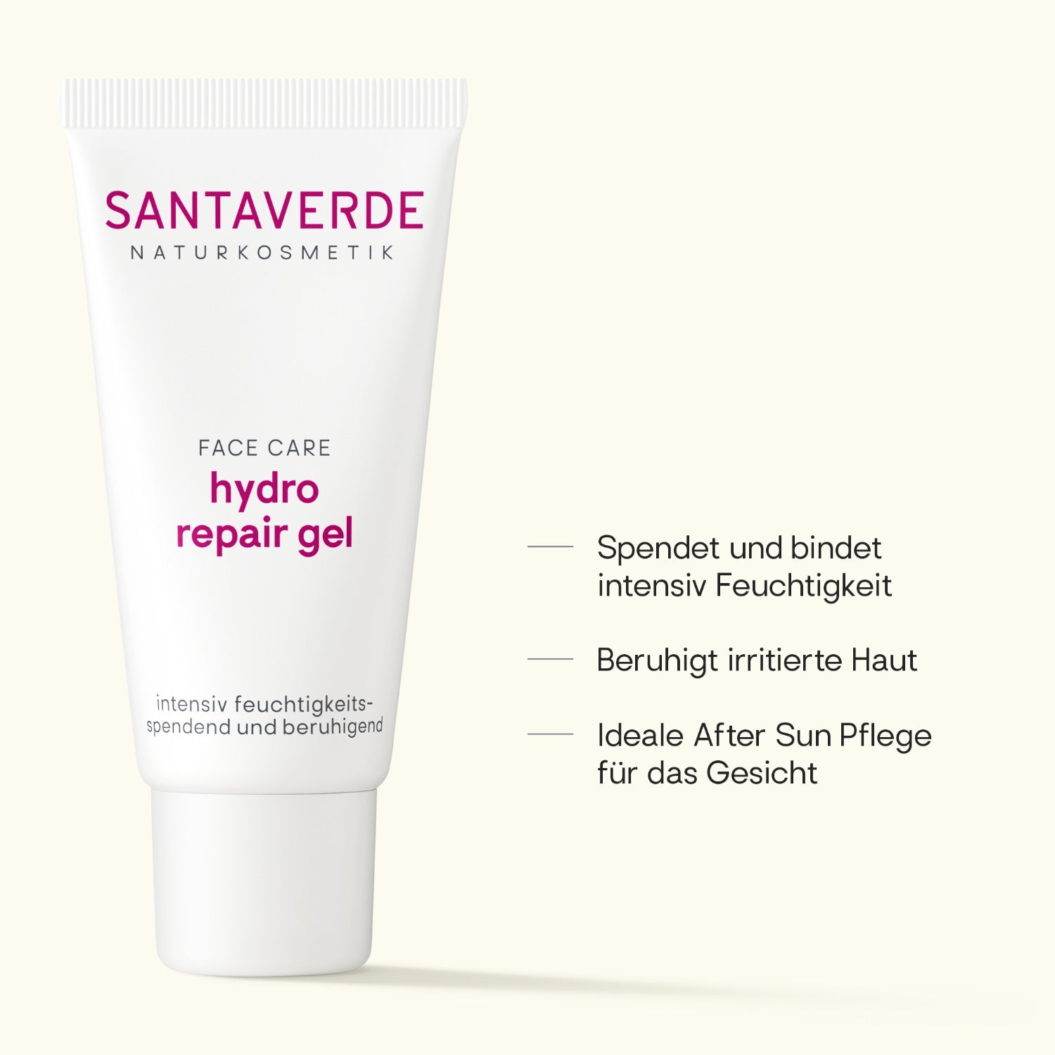 Santaverde hydro repair gel – Naturkosmetik Serum mit Aloe Vera, Produktdarstellung mit USPs und Anwendungsvorteilen auf hellem Hintergrund