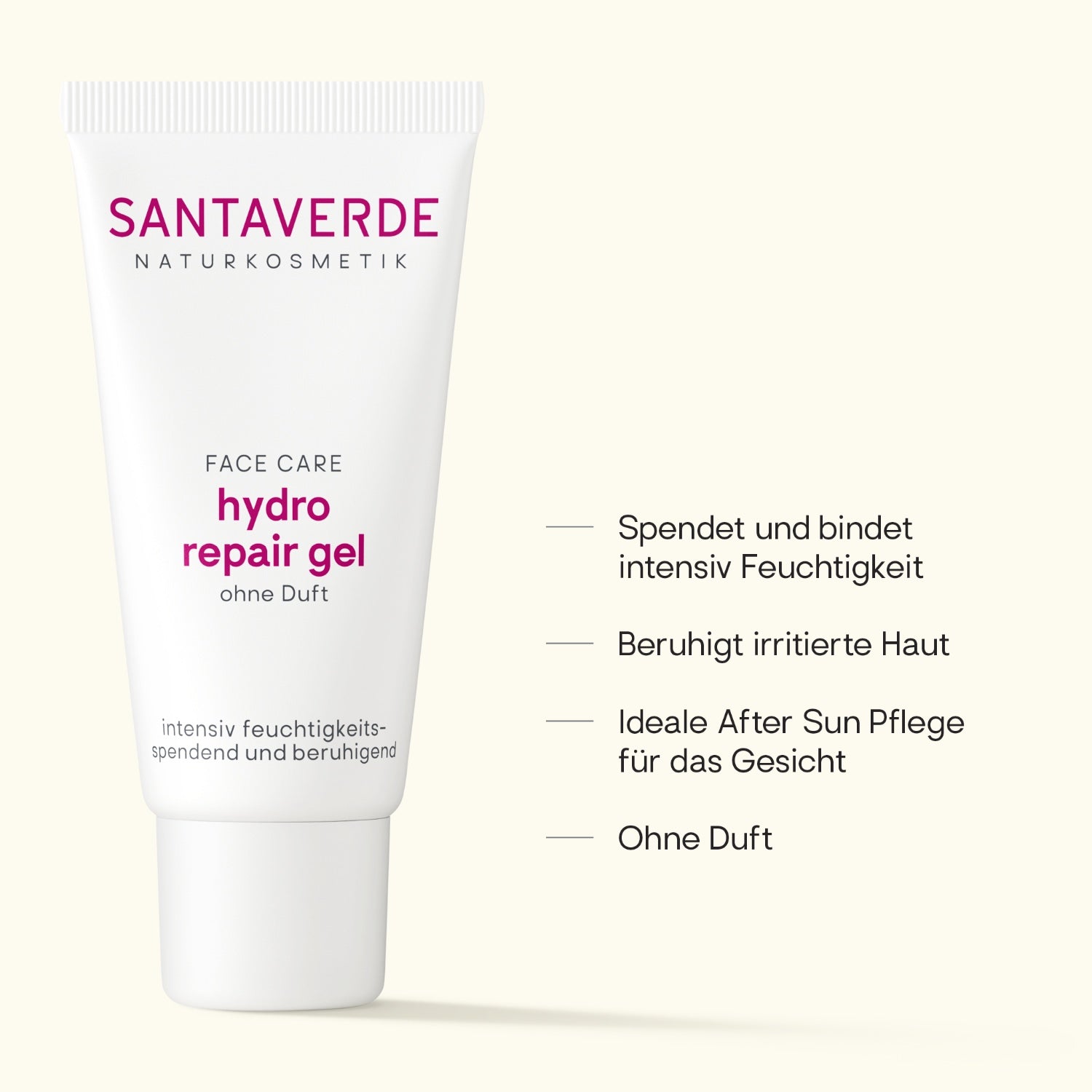 Santaverde hydro repair gel ohne Duft – Naturkosmetik Serum mit Aloe Vera, Produktdarstellung mit USPs und Anwendungsvorteilen auf hellem Hintergrund