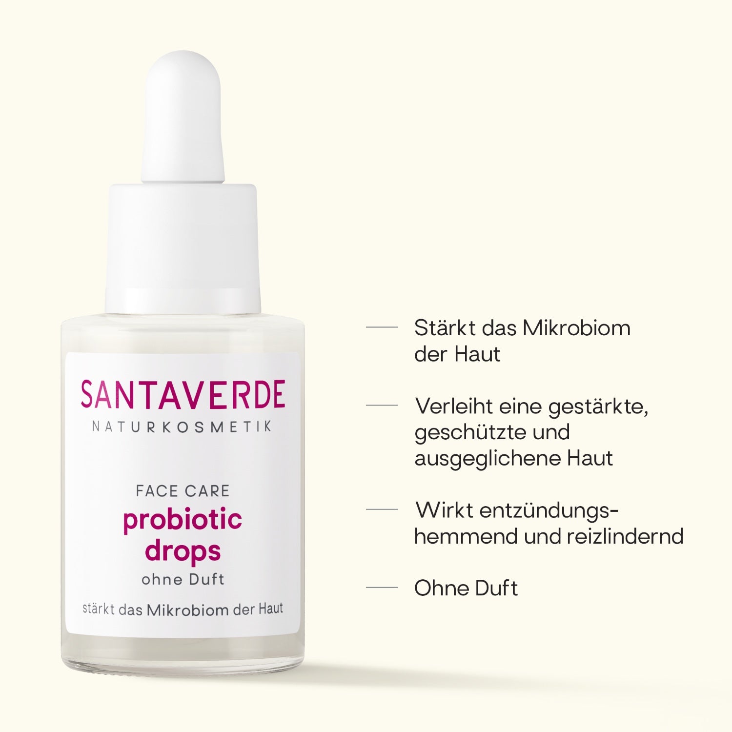 Santaverde Probiotic Drops– Naturkosmetik Drops mit Aloe Vera, Produktdarstellung mit USPs und Anwendungsvorteilen auf hellem Hintergrund
