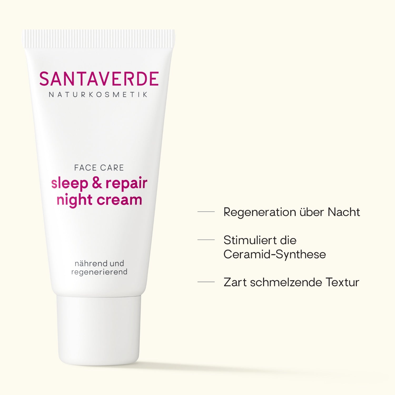 Santaverde Sleep & Repair Night Cream – Naturkosmetik mit Aloe Vera, Produktdarstellung mit USPs und Anwendungsvorteilen auf hellem Hintergrund