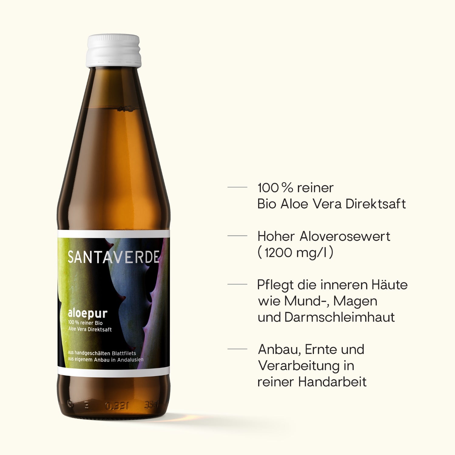 Santaverde Aloe Vera Saft Flasche auf hellem Hintergrund mit Wirkversprechen