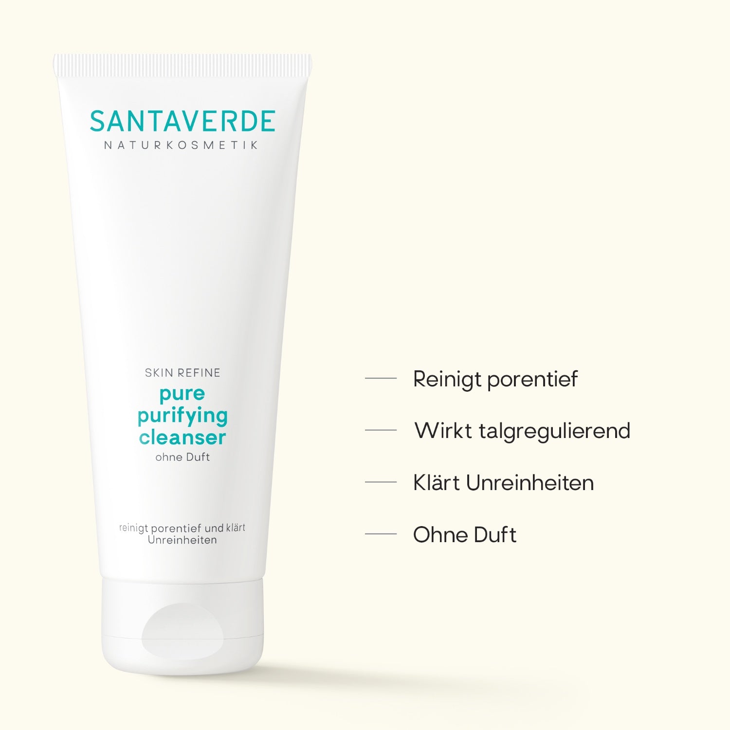 Santaverde Pure Purifying Cleanser ohne Duft – Naturkosmetik Reinigungsgel mit Aloe Vera, Produktbild mit USPs und wichtigsten Vorteilen auf hellem Hintergrund.