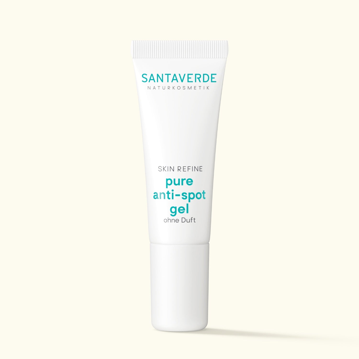 Santaverde Pure Anti-Spot Gel ohne Duft – parfümfreies Naturkosmetik-Gel mit Aloe Vera zur punktuellen Behandlung von Hautunreinheiten in weißer 10 ml Tube auf hellem Hintergrund
