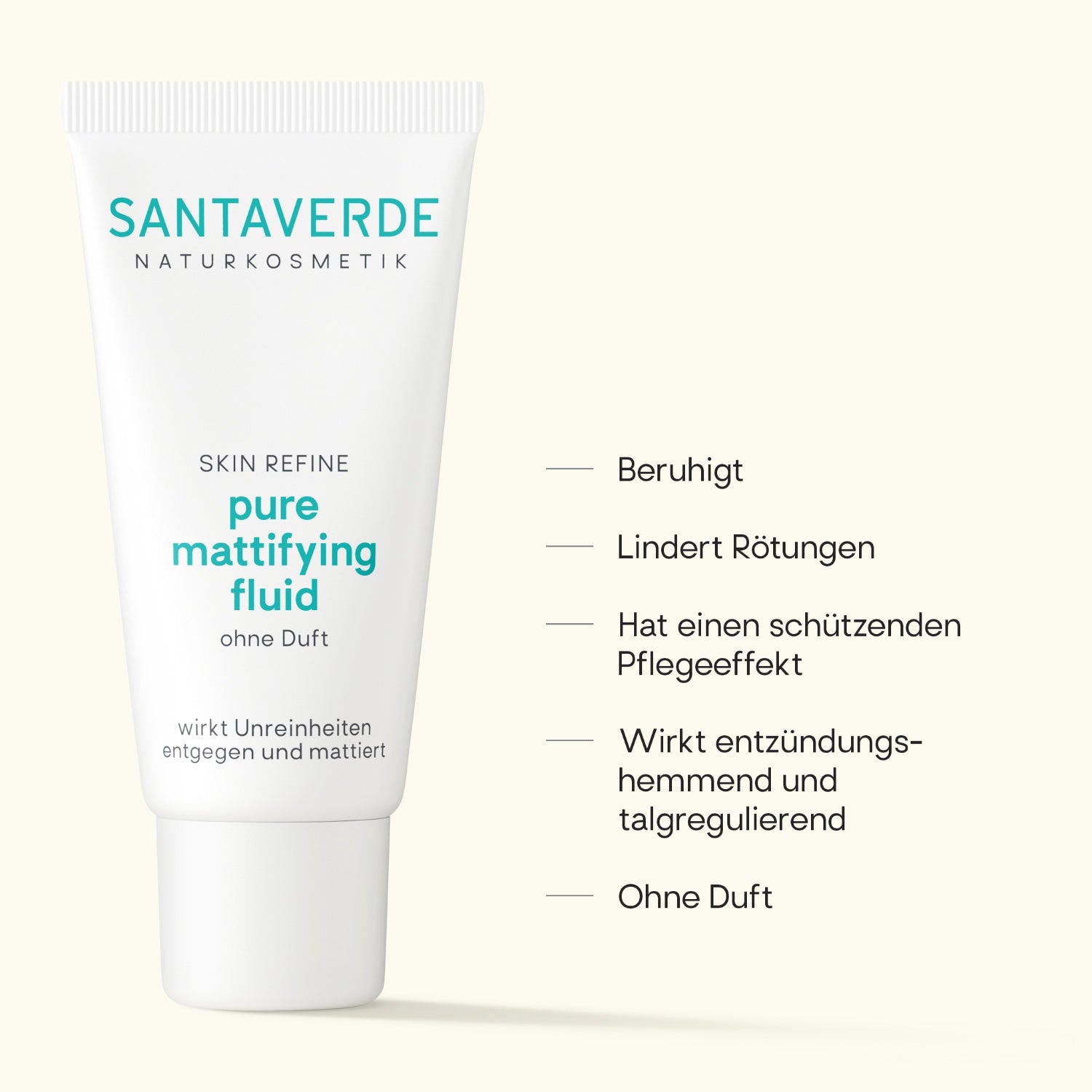 Santaverde Pure Mattifying Fluid ohne Duft – Naturkosmetik Gesichtsfluid mit Aloe Vera, Bild mit USPs und Produkteigenschaften auf hellem Hintergrund