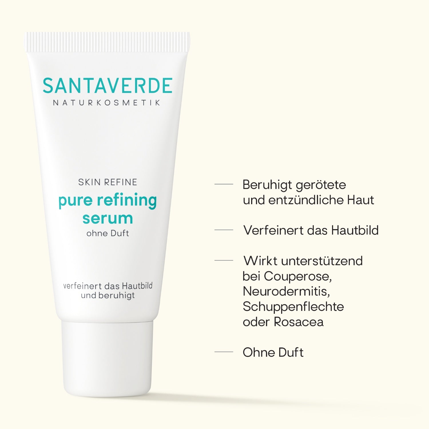 Santaverde Pure Refining Serum – Naturkosmetik Beruhigendes Serum mit Aloe Vera, Produktdarstellung mit USPs und Anwendungsvorteilen auf hellem Hintergrund