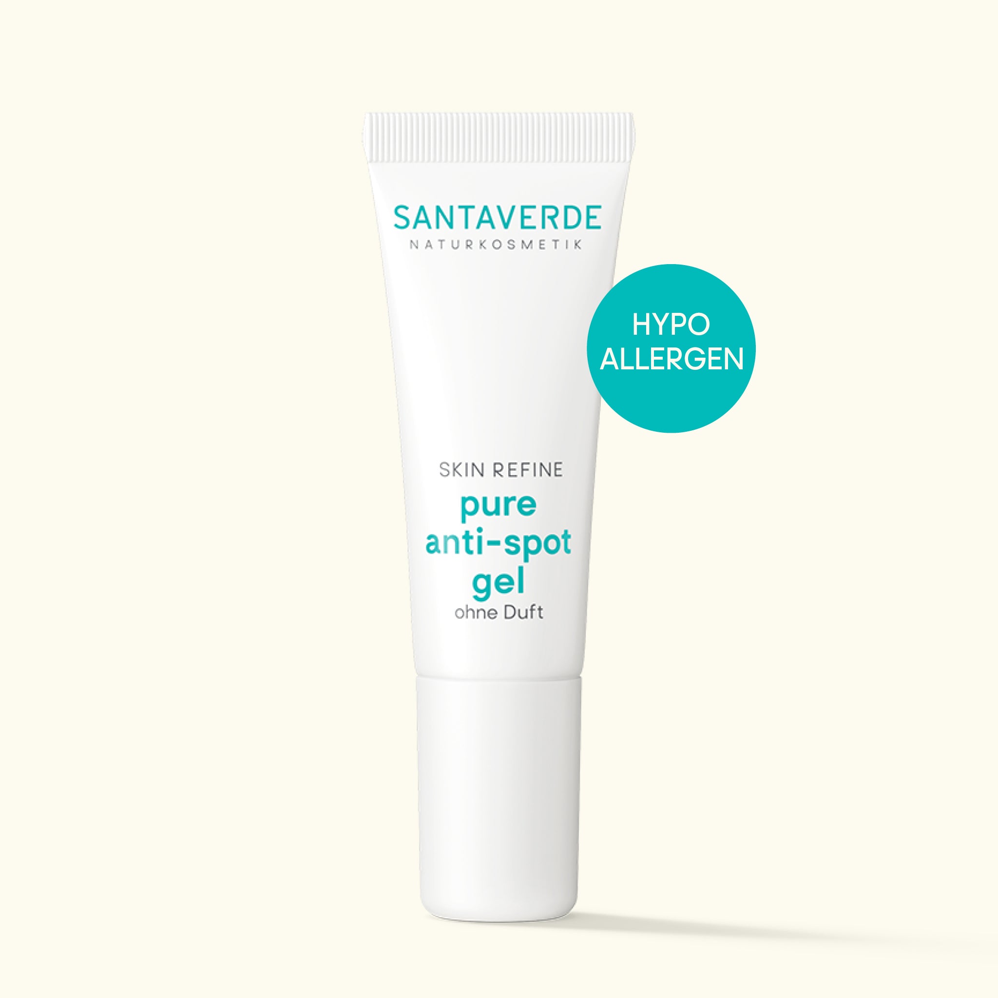 Santaverde Pure Anti-Spot Gel ohne Duft – parfümfreies Naturkosmetik-Gel mit Aloe Vera zur punktuellen Behandlung von Hautunreinheiten in weißer 10 ml Tube auf hellem Hintergrund mit Hypoallergen-Störer