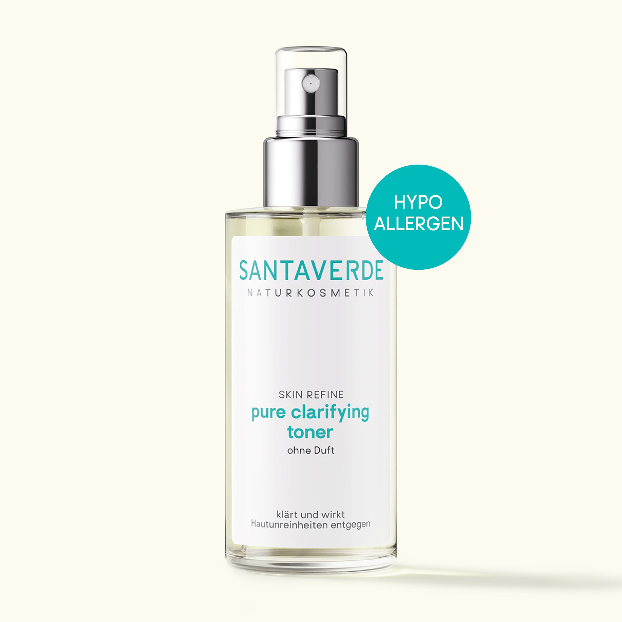 Santaverde Pure Clarifying Toner ohne Duft – Naturkosmetik Gesichtswasser-für unreine und empfindliche Haut, auf hellem Hintergrund mit Hypoallergen-Störer