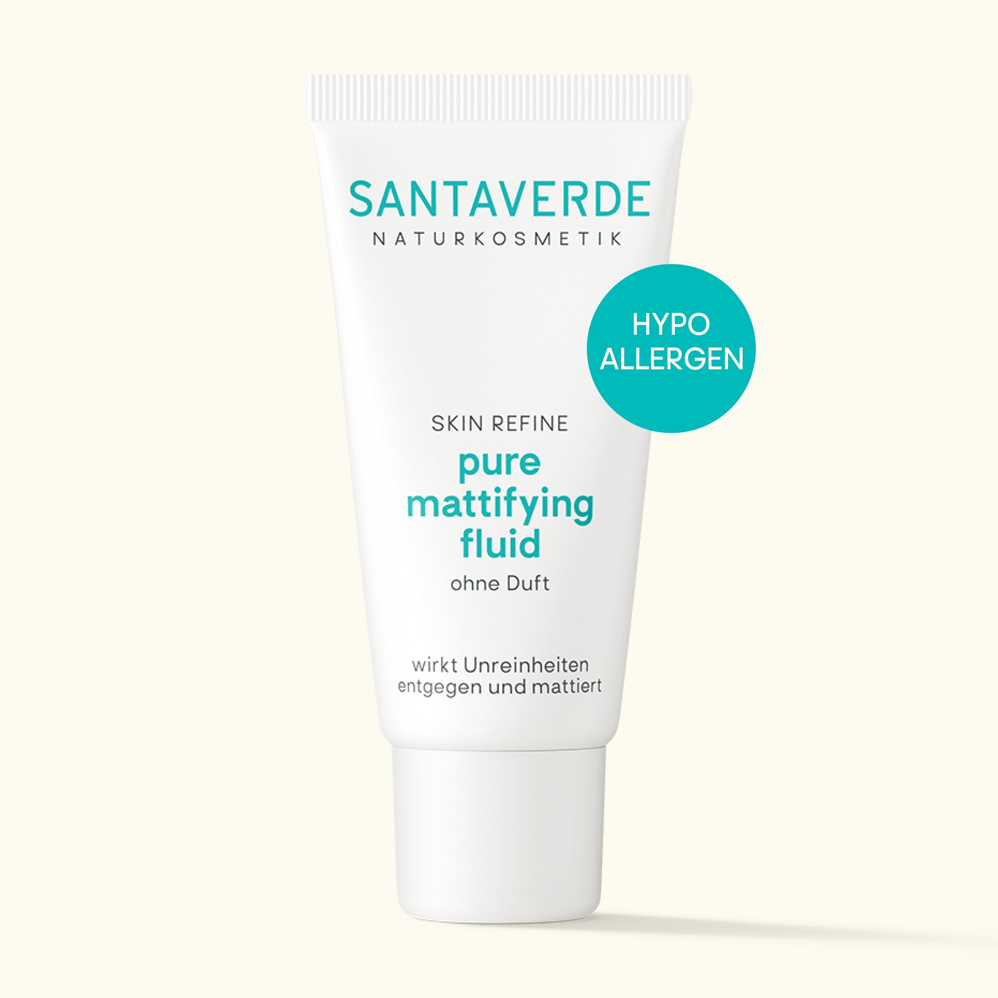 Santaverde Pure Mattifying Fluid ohne Duft 30 ml – Aloe Vera Naturkosmetik mattierendes Gesichtsfluid für unreine und empfindliche Haut, minimalistisch präsentiert mit Hypoallergen-Störer