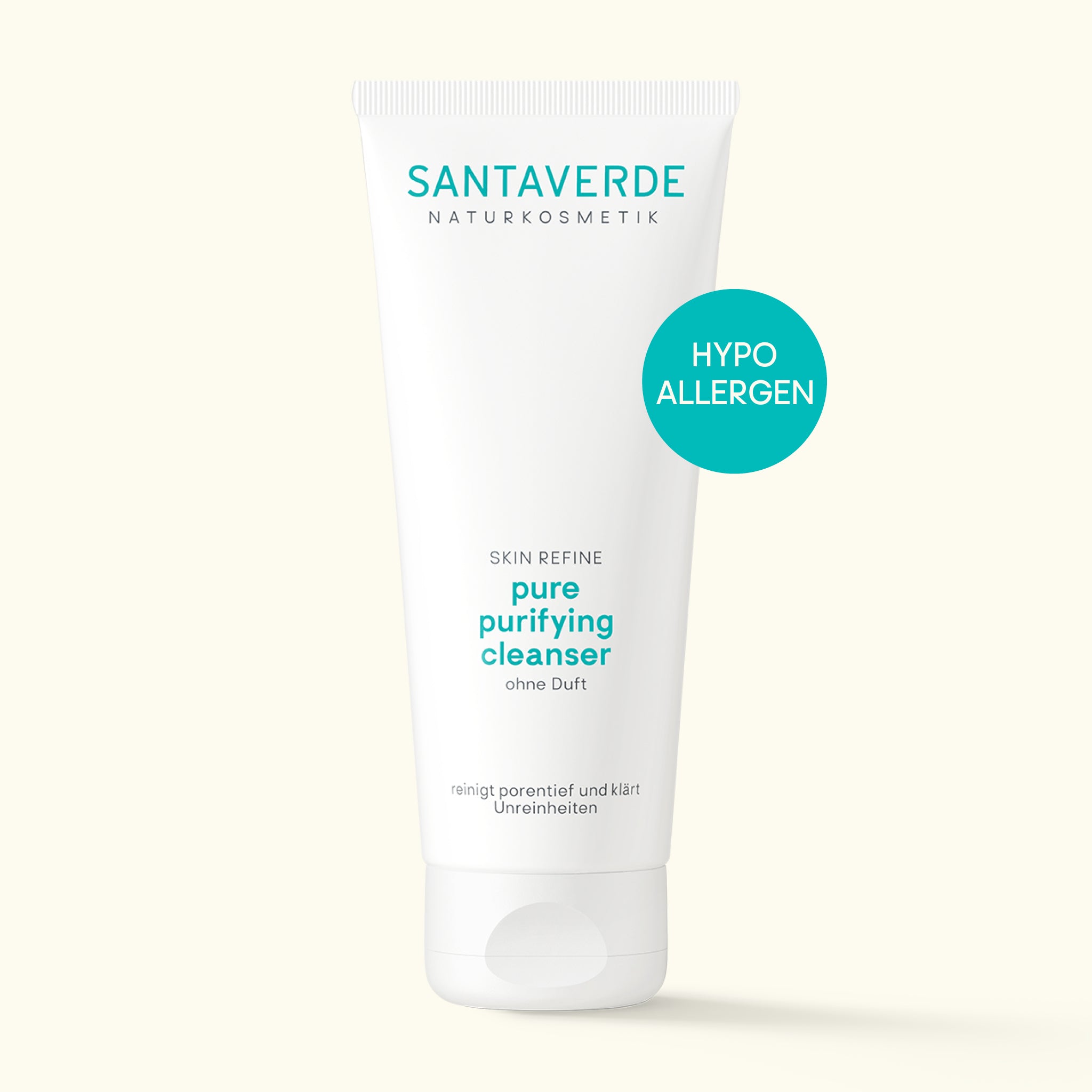 Santaverde Pure Purifying Cleanser ohne Duft 100 ml – Aloe Vera Naturkosmetik sanftes Reinigungsgel für unreine und empfindliche Haut, weiße Tube minimalistisch arrangiert mit Hypoallergen-Störer