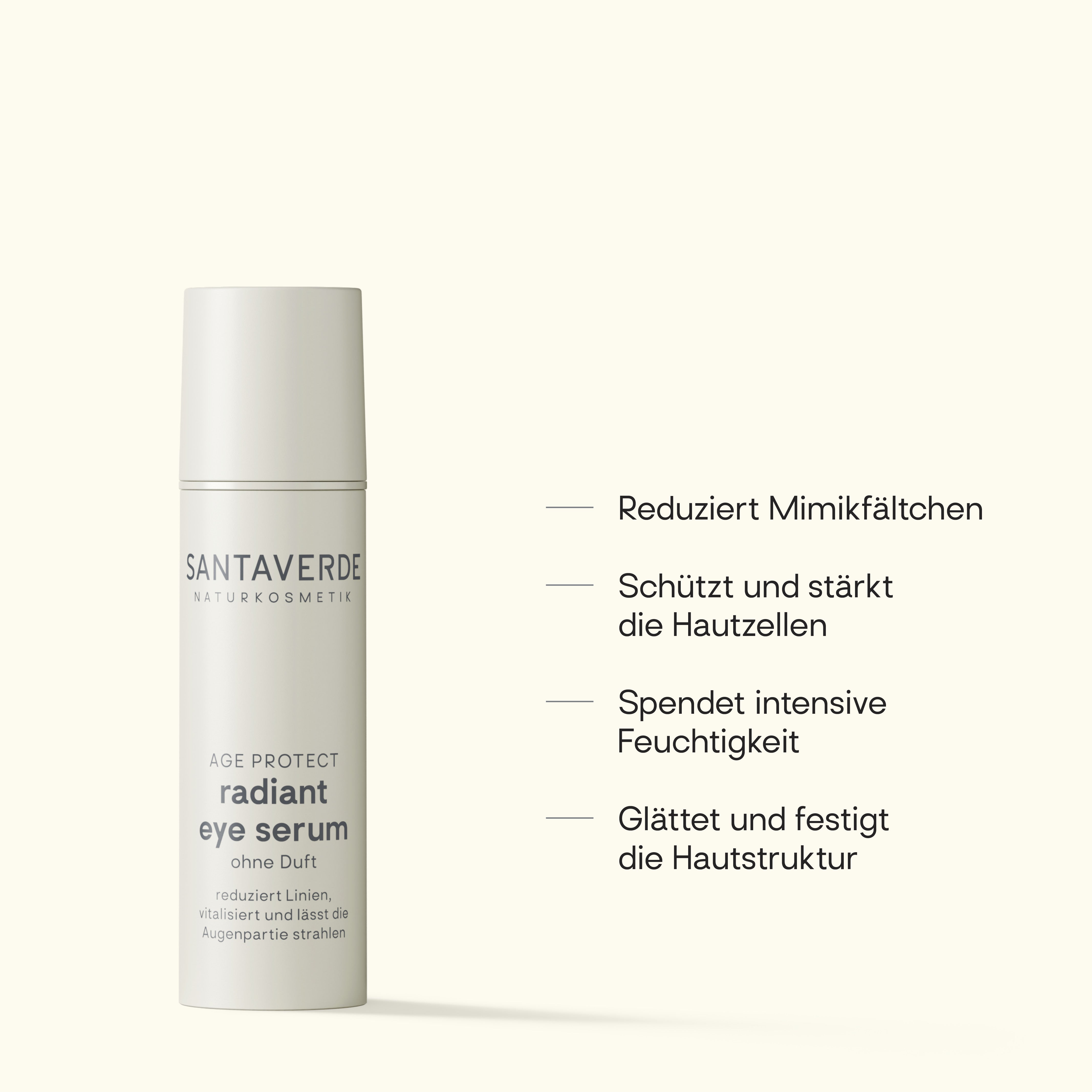 Beschreibung der Benefits des Santaverde radiant eye serums in Stichworten