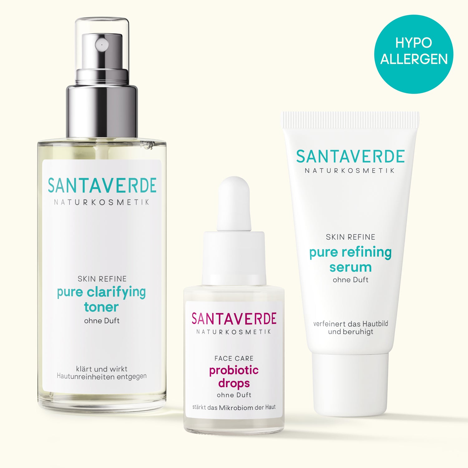 Santaverde Naturkosmetik Pflegeset bei Rosacea mit pure clarifying toner, probioticops und pure refining serum