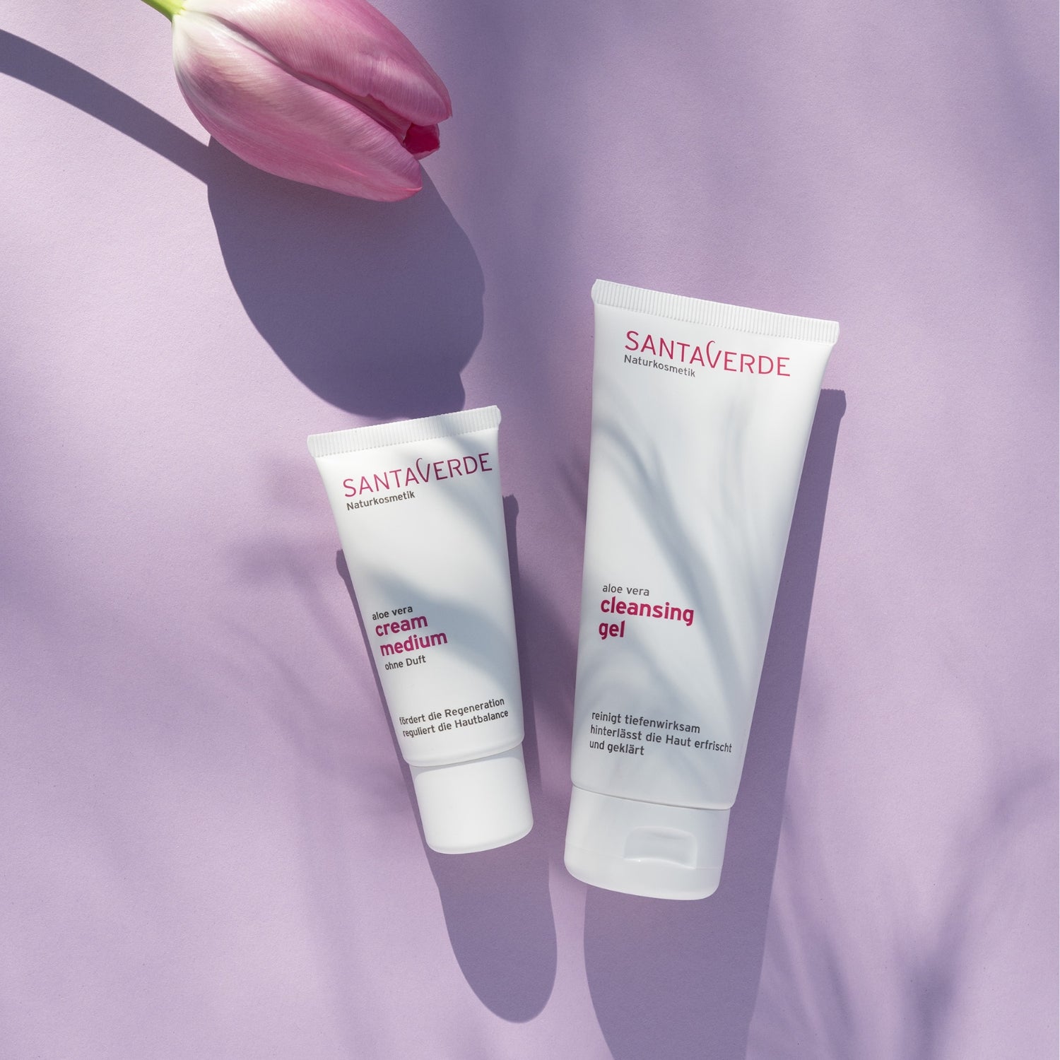 Santaverde Cleanse & Care Duo Set – Aloe Vera Naturkosmetik Gesichtspflege-Set mit Reinigungsgel und Gesichtscreme, sommerlich arrangiert