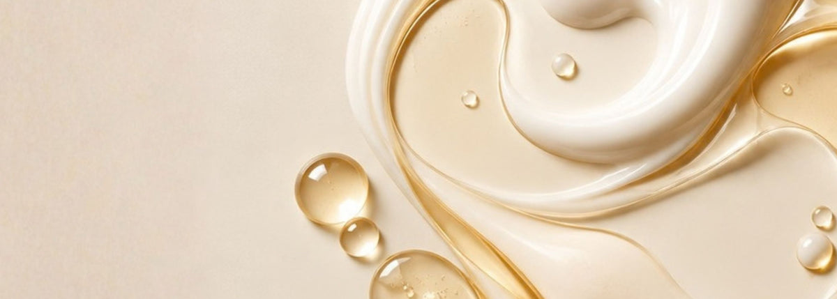 Nahaufnahme einer weißen Cremetextur mit goldenen Öltropfen auf beigefarbenem Hintergrund