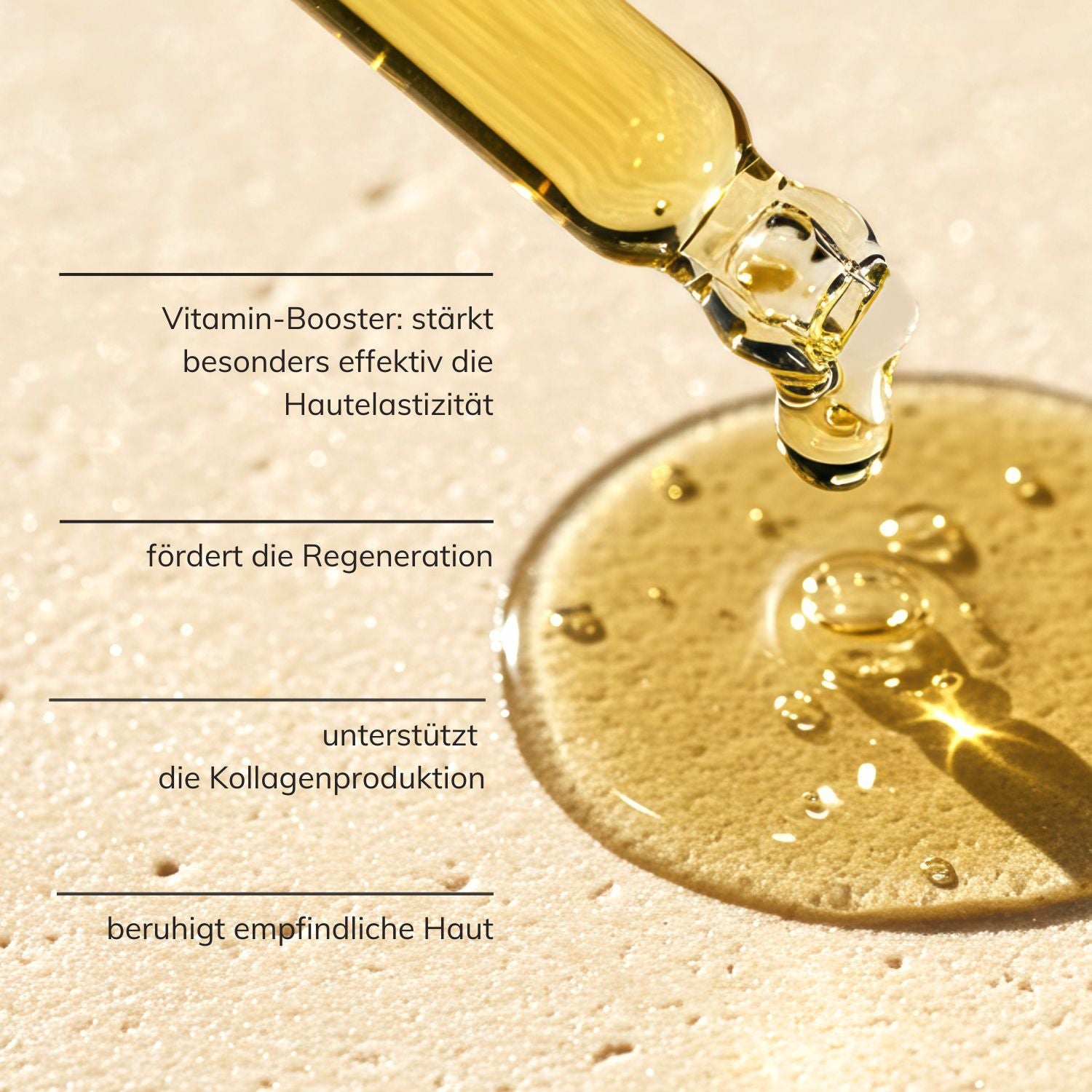 Textur des extra rich beauty elixirs. Goldenes öl tropft von einer Pipette