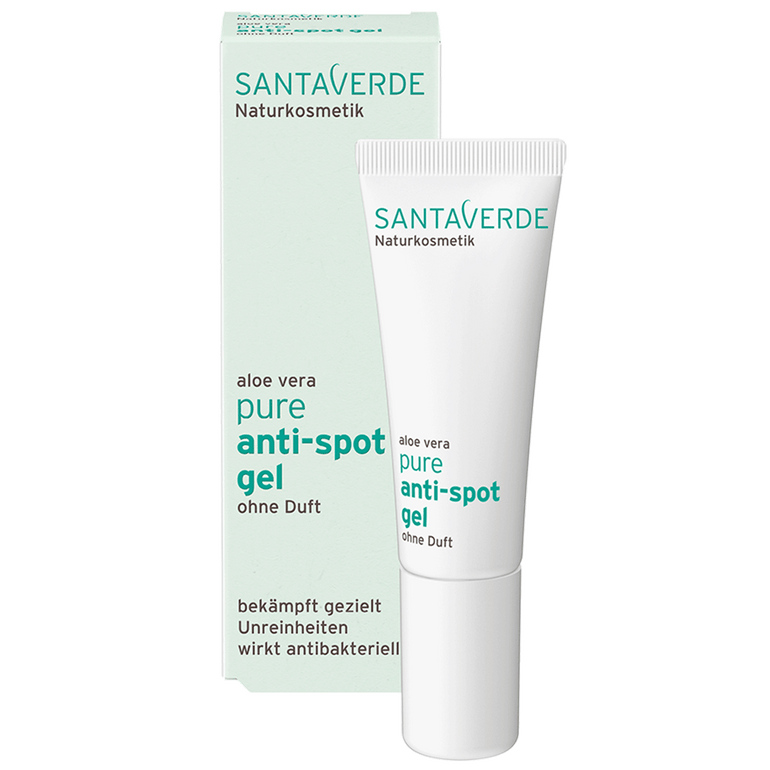 Anti-Pickel Gesichtsgel gegen Unreinheiten und Entzündungen - Santaverde Naturkosmetik pure anti-spot gel - Tube und Umverpackung