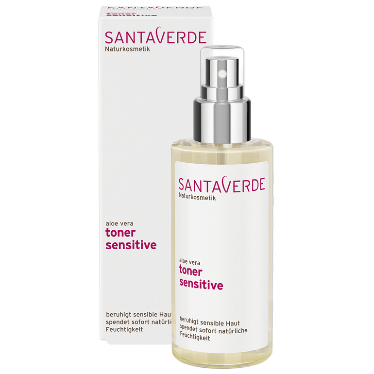 beruhigender und feuchtigkeitsspendender Gesichtstoner mit Rosenblütenhydrolat - Santaverde Naturkosmetik toner sensitive - Sprühflasche und Umverpackung