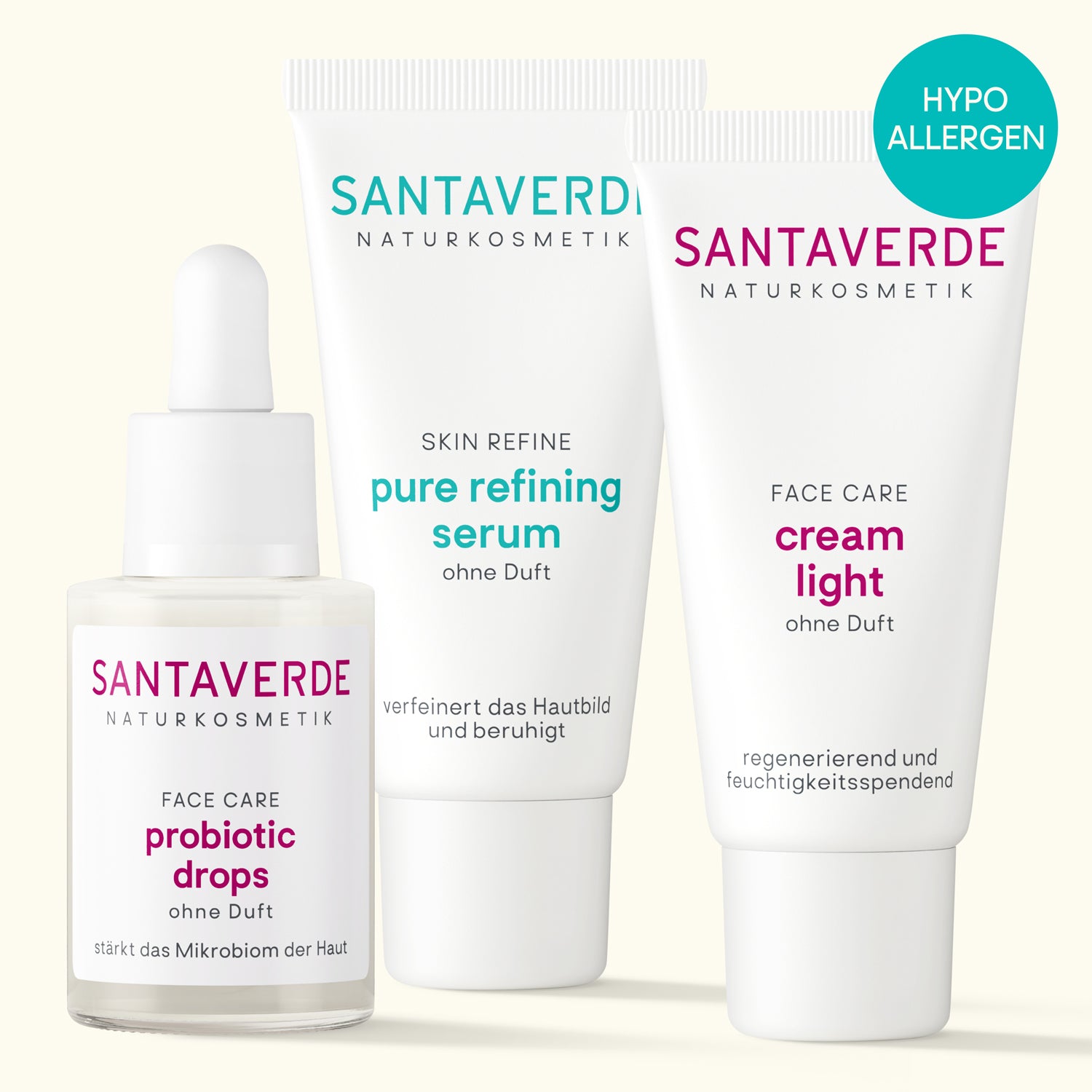 Santaverde Naturlosmetik Pflegeset bei Couperose mit probiotic drops, pure refining serum und cream light