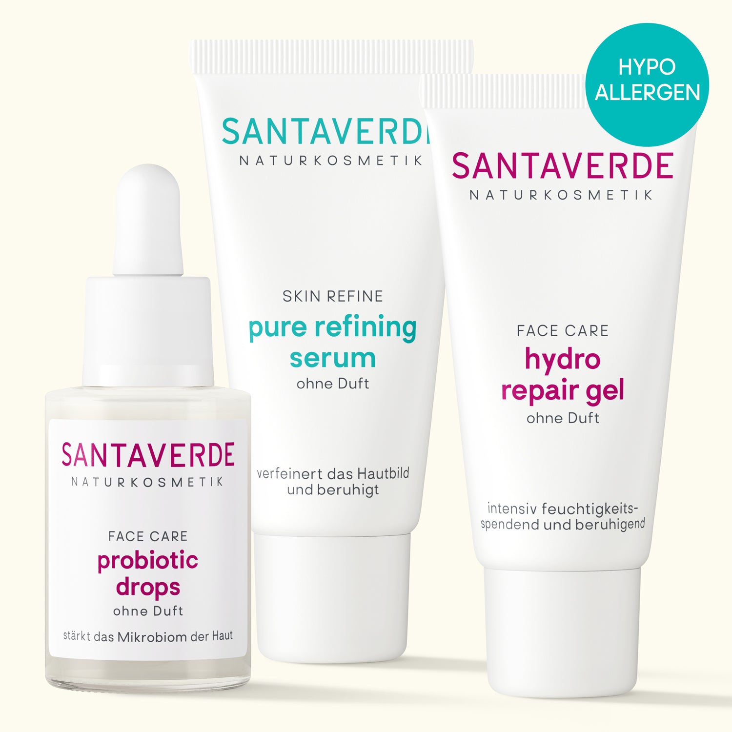 Santaverde Naturkosmetik Pflegeset bei Couperose mit probiotic drops, pure refining serum und hydro repair gel ohne Duft
