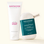 Das Cleansing Duo Sensitive verbindet die milde cleansing emulsion von Santaverde mit einem wiederverwendbaren waschies® Pa