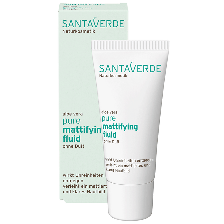 leichte Gesichtspflege für ein mattiertes und klares Hautbild - Santaverde Naturkosmetik pure mattifying fluid - Packung und Inhalt