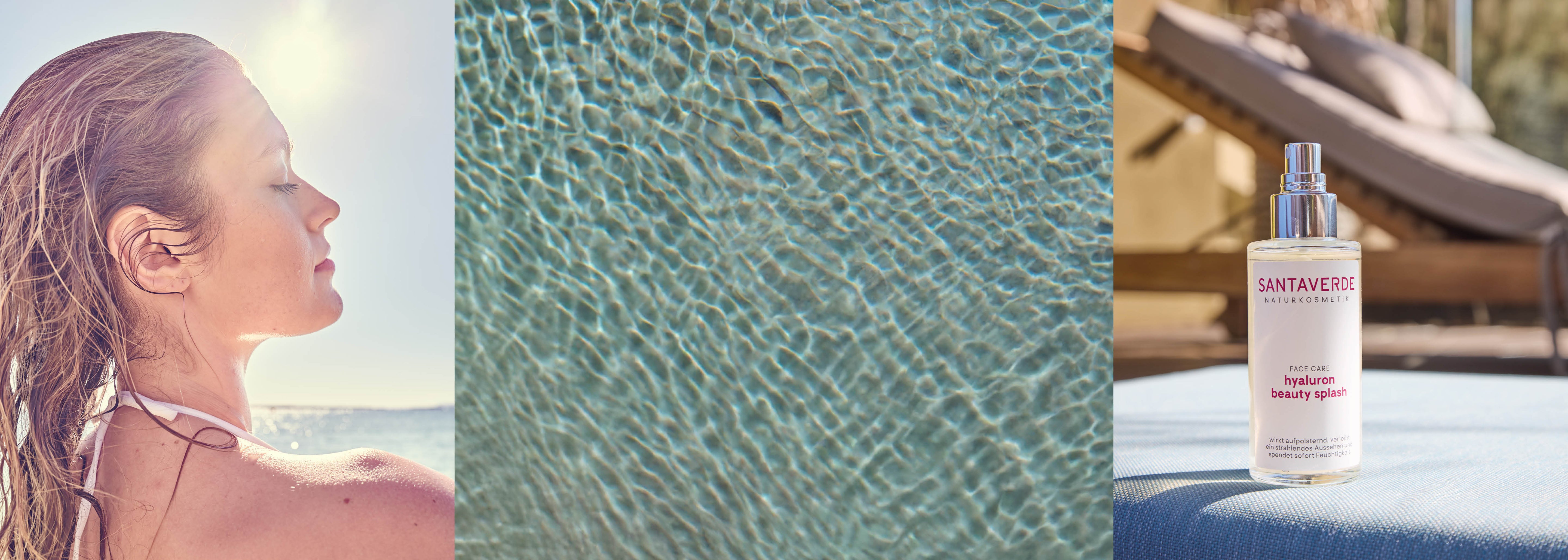 Frau am Wasser, Pooloberfläche und Santaverde hyaluron beauty splash nebeneinander