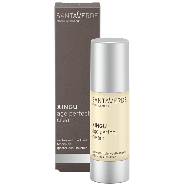 Anti-Age Gesichtscreme für ein geglättetes Hautbild - Santaverde Naturkosmetik XINGU age perfect cream - Pumpspender und Umverpackung
