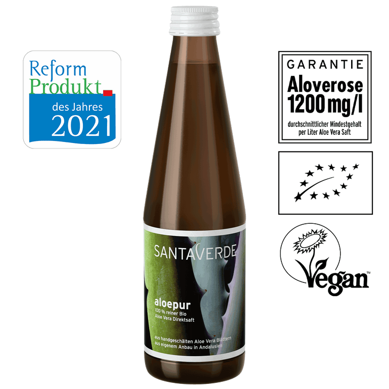 Bio Aloe Vera Direktsaft - Santaverde aloepur - Flasche - Reform Produkt des Jahres - Bio zertifiziert - Vegan zertifiziert