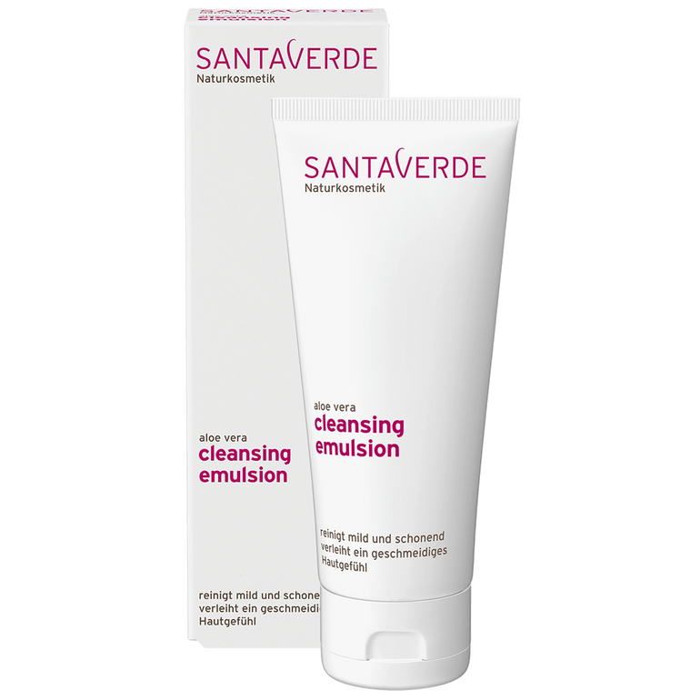 milde Gesichtsreinigung für trockene und sensible Haut - Santaverde Naturkosmetik cleansing emulsion - Tube und Umverpackung - Öko-Test sehr gut
