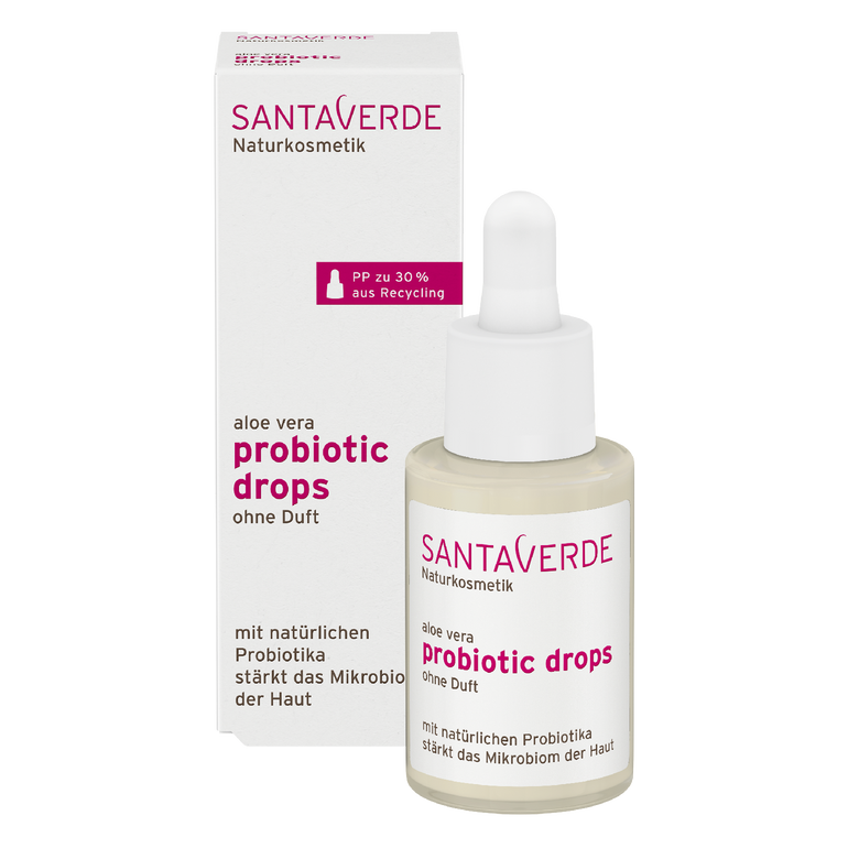 stärkendes Probiotik Gesichtsserum mit Hyaluron und ohne Duft - Santaverde Naturkosmetik probiotic drops - Pipette aus Recycling mit Flakon und Umverpackung